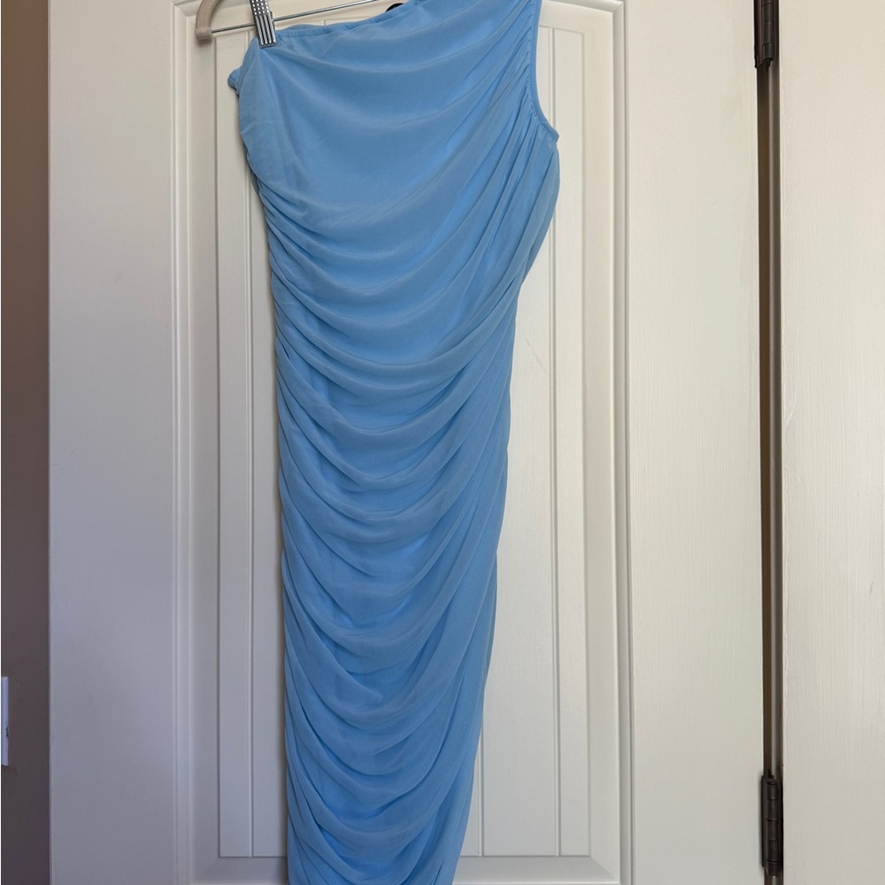 One Shoulder Ruched Light Blue Midi Dress - Picture 4 of 5